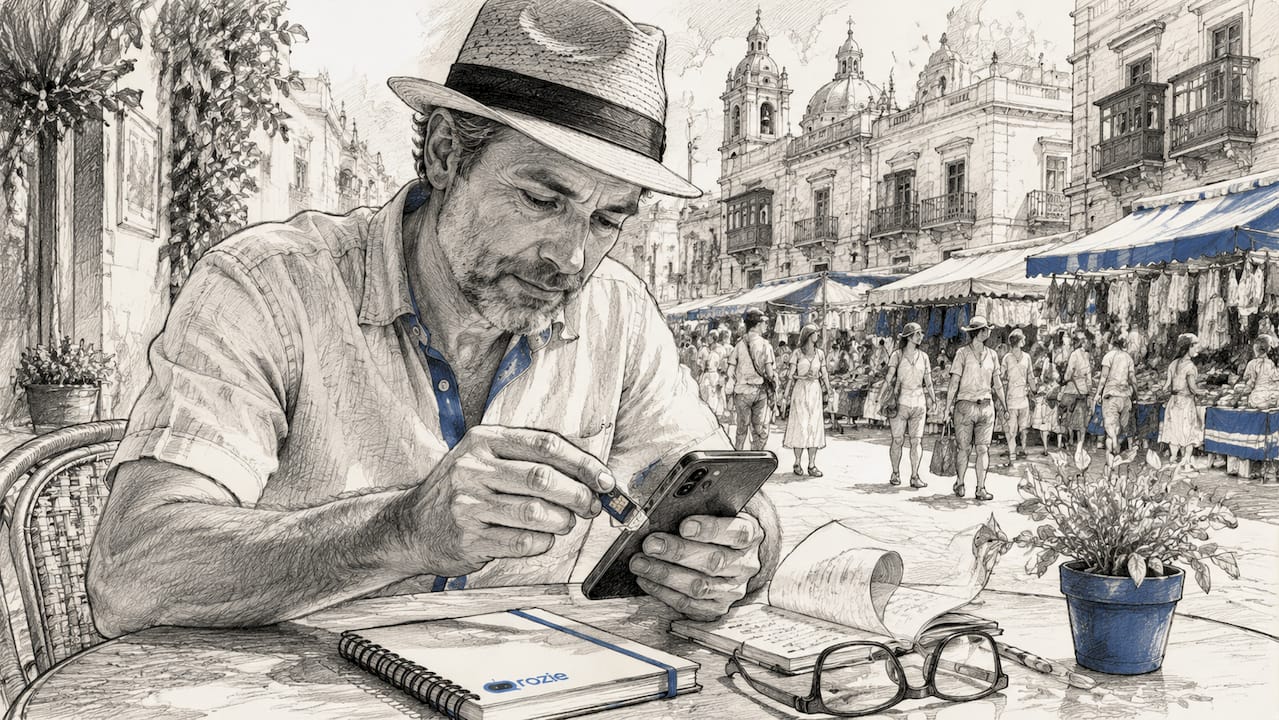 Man inserting a Maltese SIM card into a phone at an outdoor café