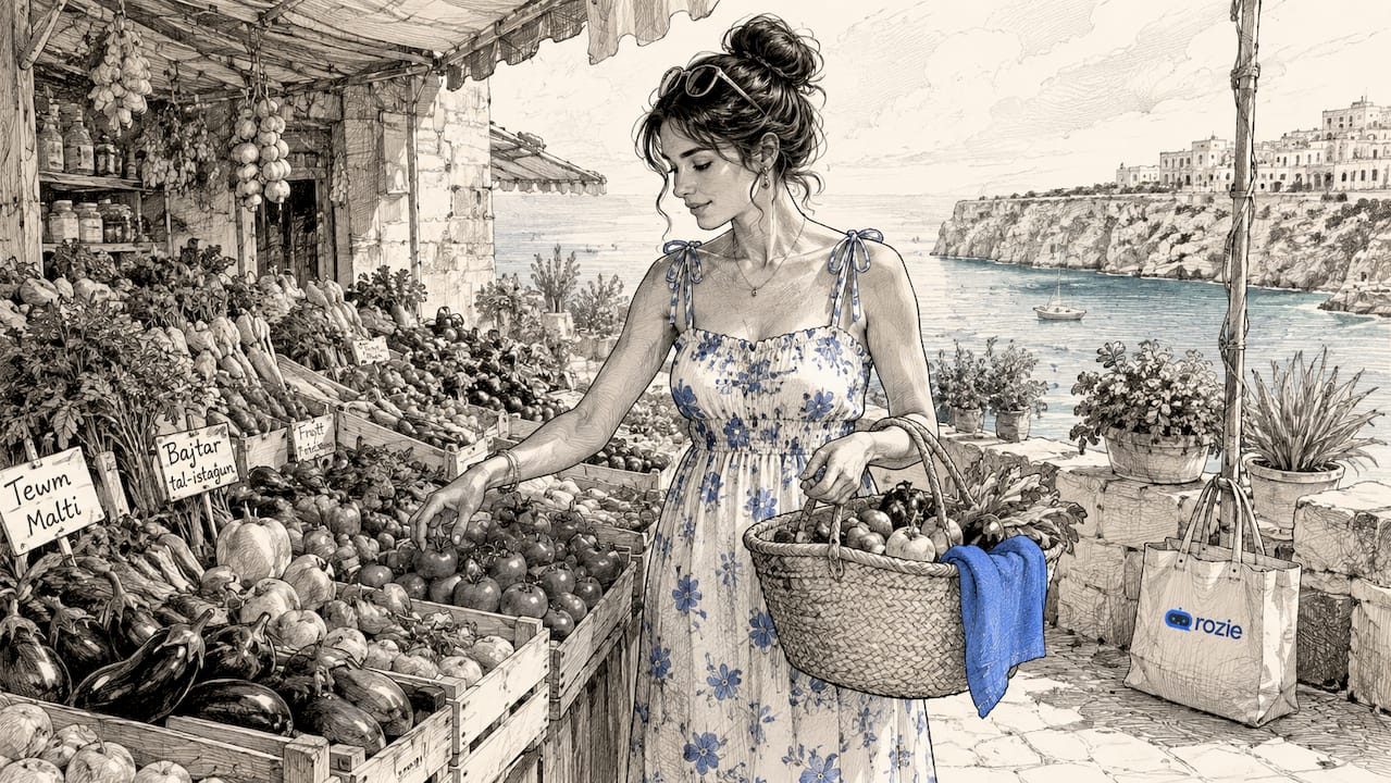 Woman shopping fresh produce at Malta market