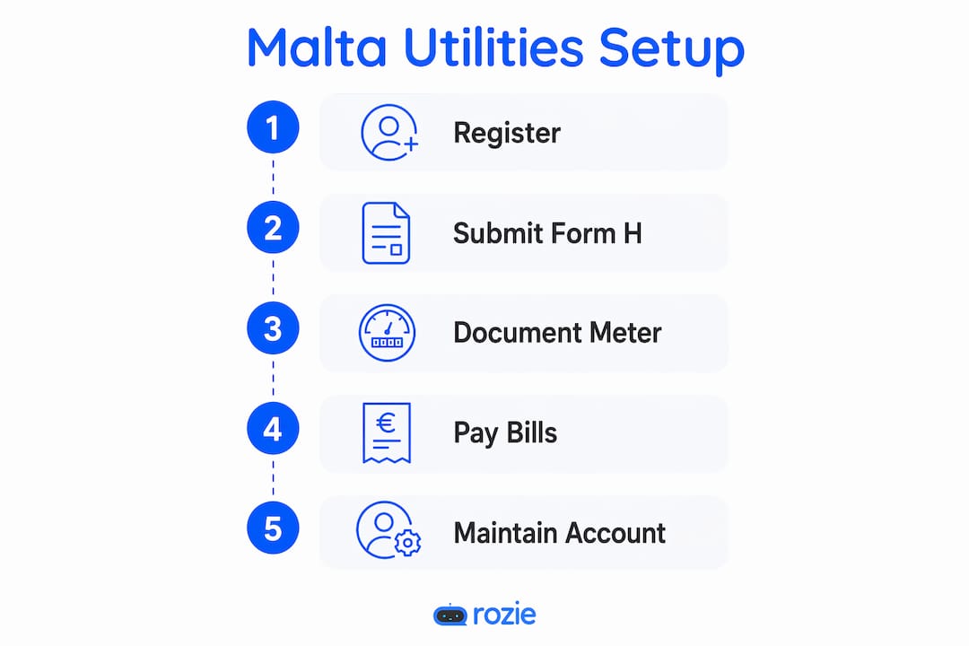 Infographic illustrating Malta utilities setup steps