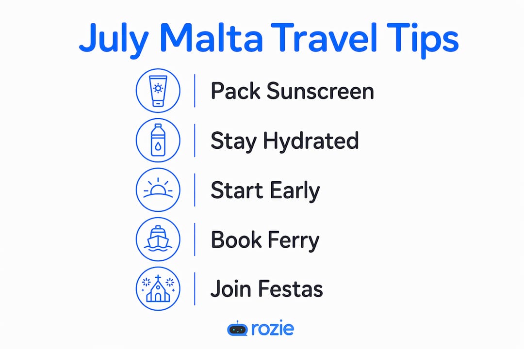 Infographic listing essential travel tips for Malta in July