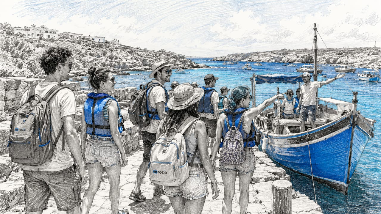 Travelers boarding boat to Comino island at harbor dock