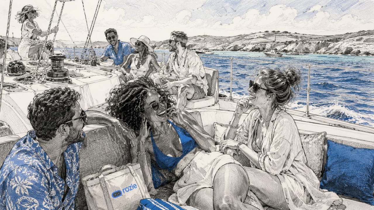 Tourists on a catamaran sailing towards the Blue Lagoon on Comino, Malta