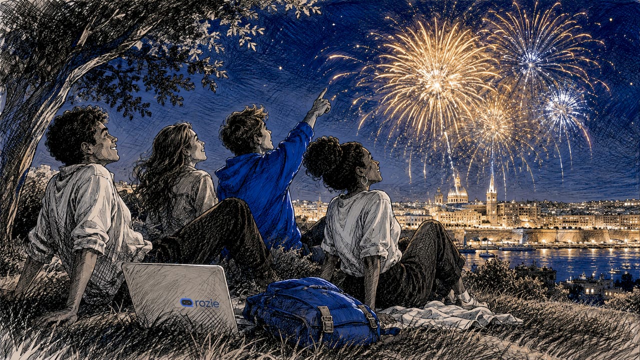 Crowd watching fireworks from the Sliema seafront at night