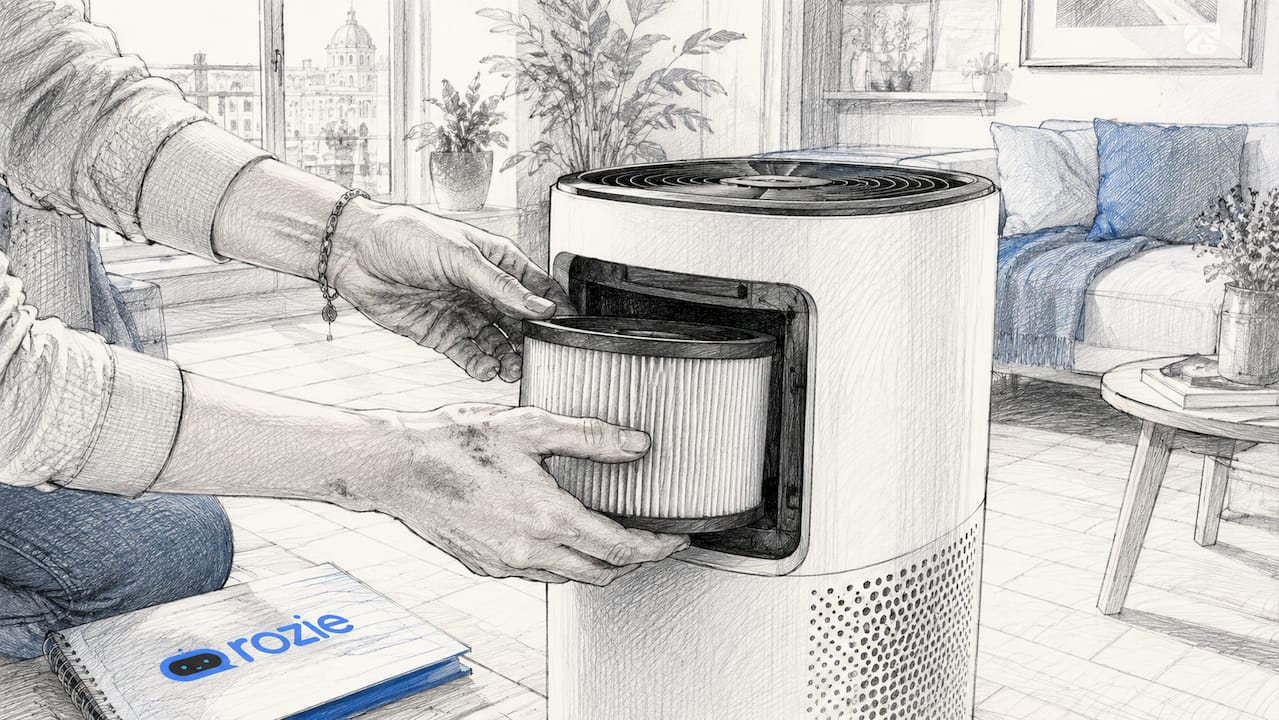 Hands installing a HEPA filter in a vacuum cleaner before Saharan dust cleanup