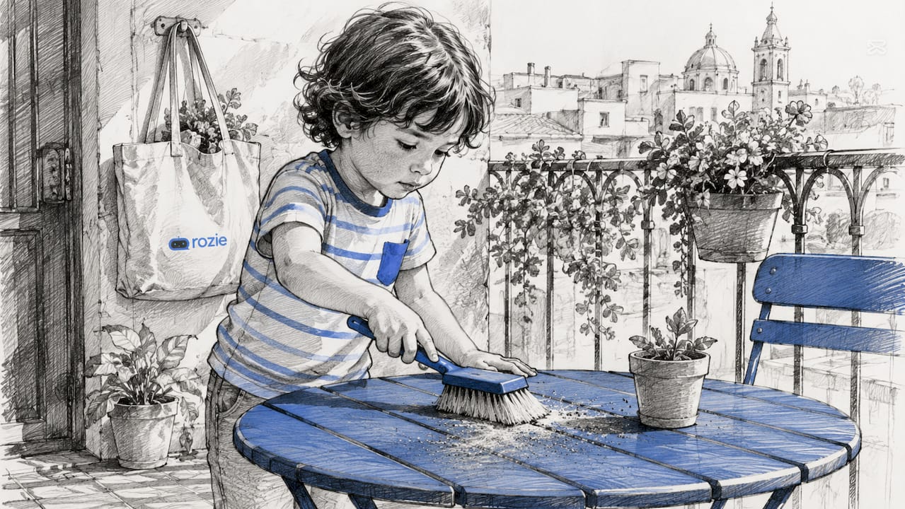 Child wiping a dusty limestone balcony surface in Malta