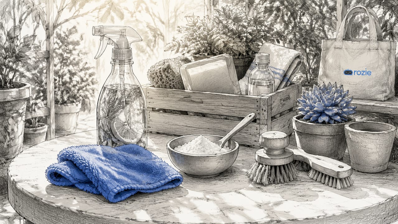 Eco-friendly sea salt cleaning tools on wooden table