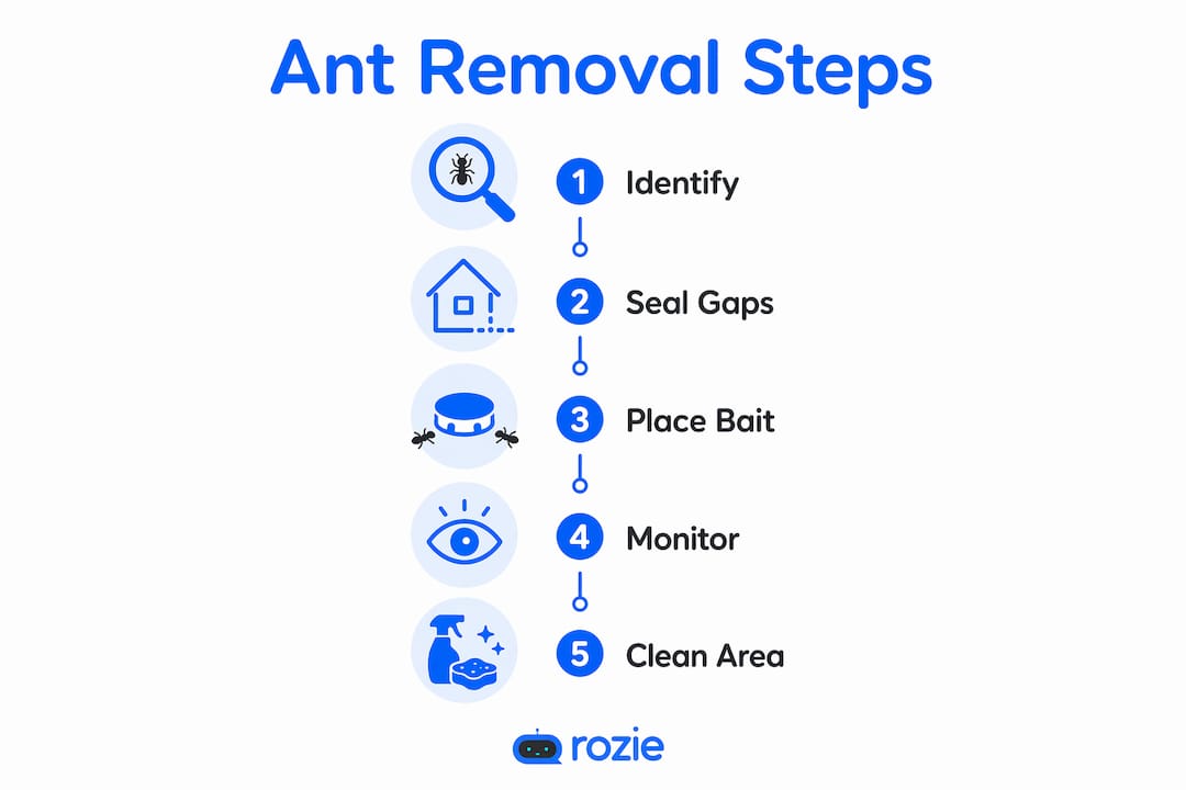 Infographic showing five steps to remove ants