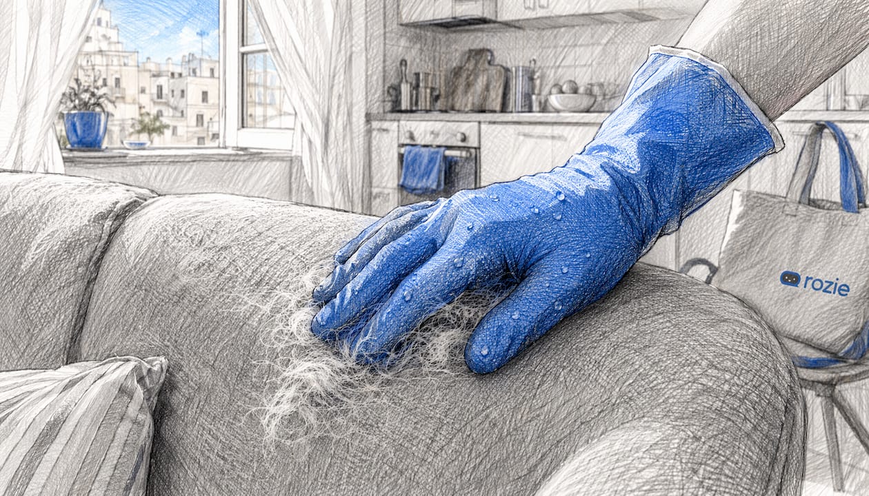 Hand wearing rubber glove removing pet hair from sofa