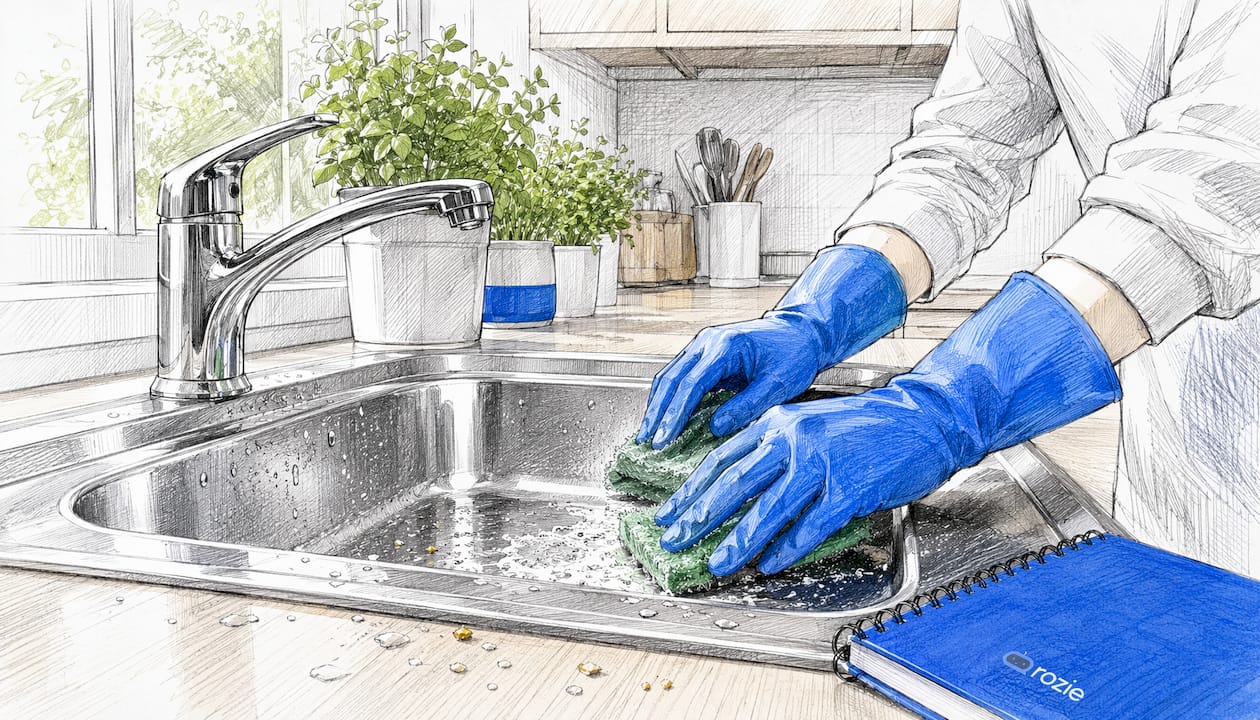 Gloved hands cleaning kitchen sink faucet