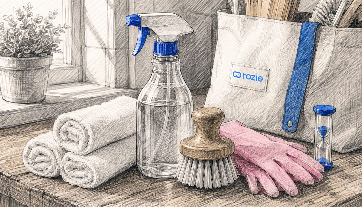 Flat-lay disinfecting kitchen cleaning tools