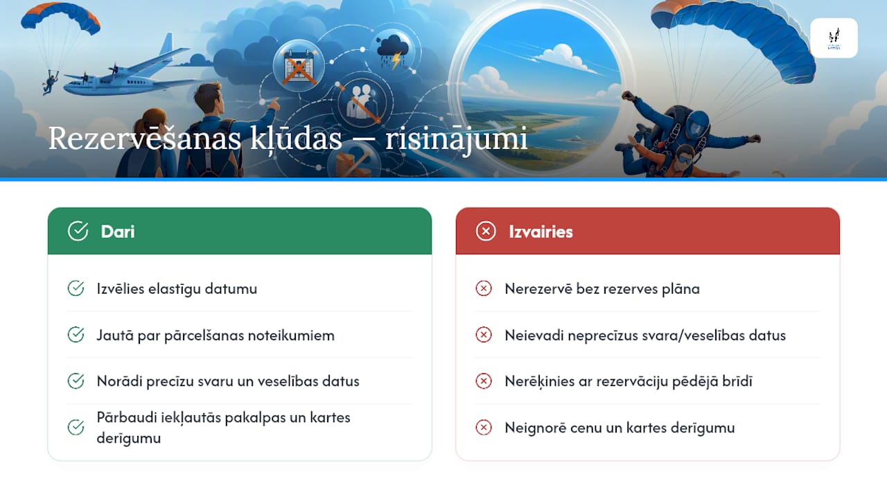 Diagramma ar biežākajām kļūdām tandem lēcienu rezervēšanā un ieteikumiem
