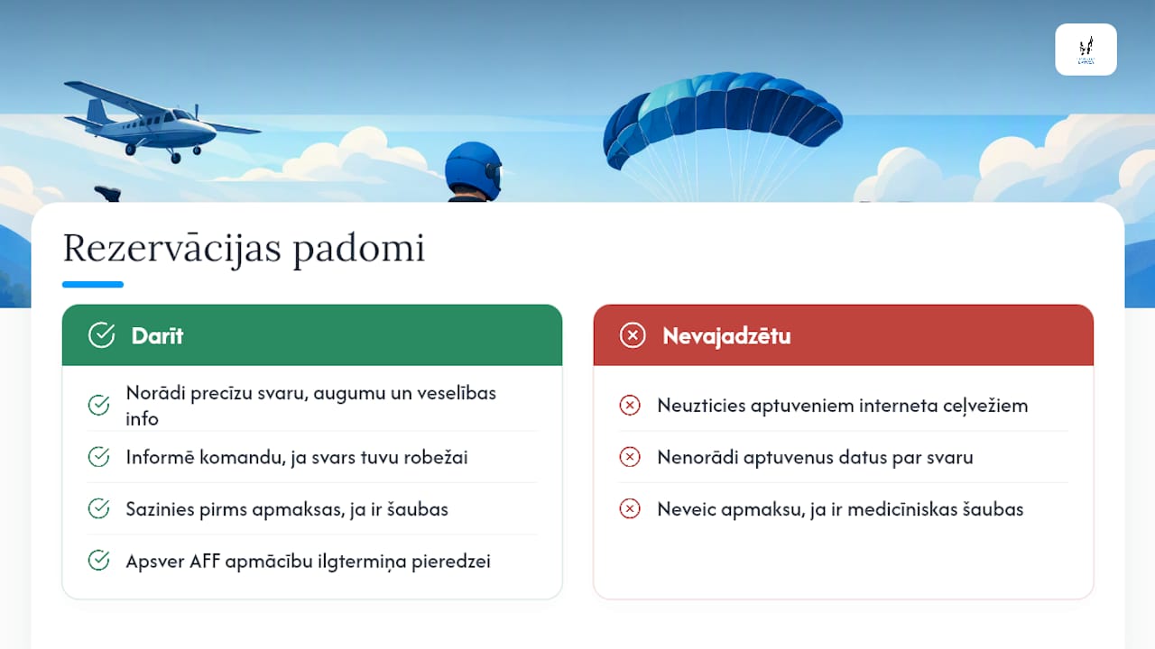 Kā rezervēt lēcienu Skydive Latvia — overview diagram