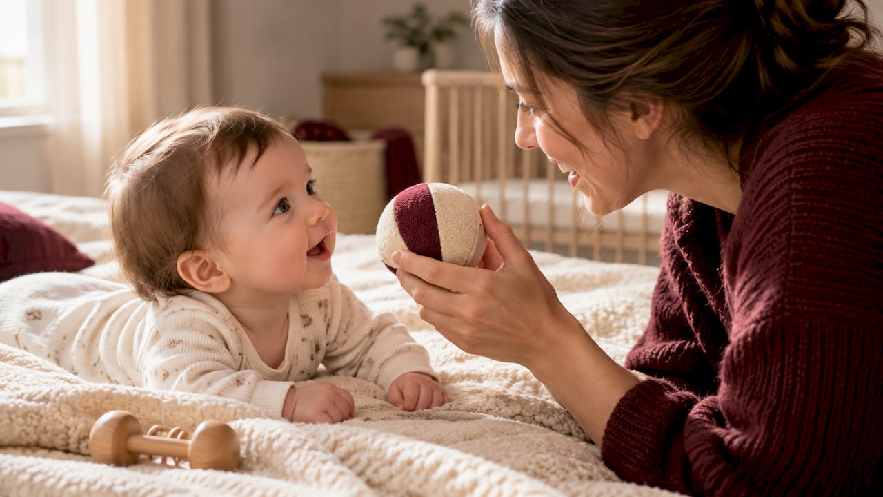 Caregiver responds to baby babbling with ball