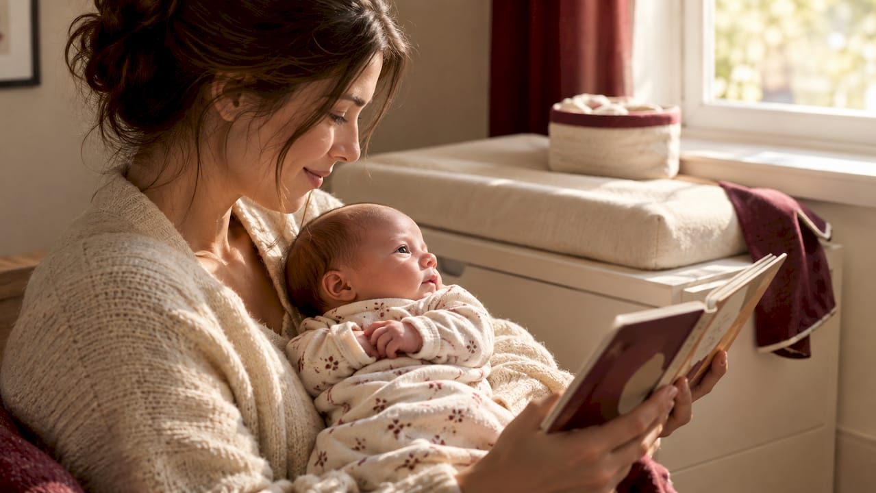 Parent reading board book beside newborn