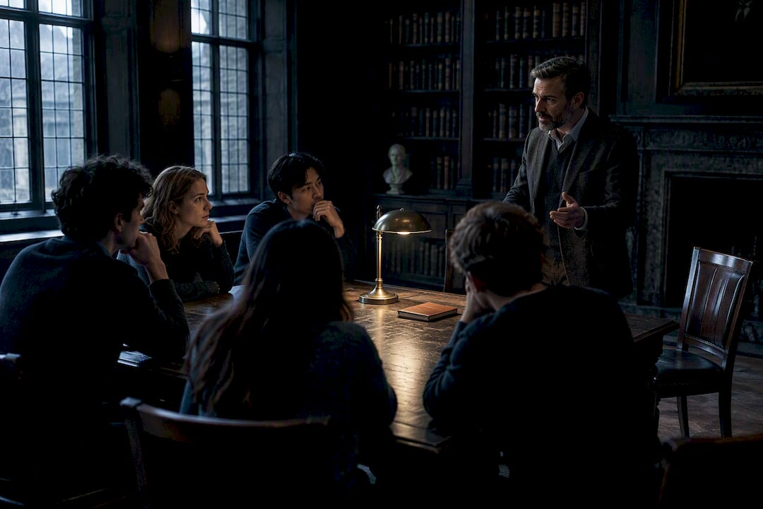 Tense seminar circle in shadowed university room