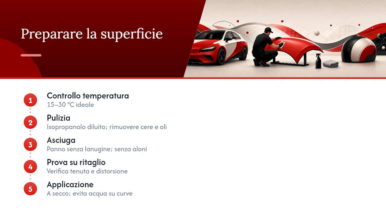 Fasi di preparazione per applicare un adesivo su una superficie curva
