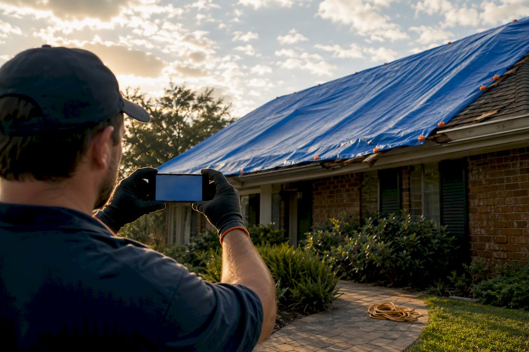 Worker documenting secured emergency roof tarp