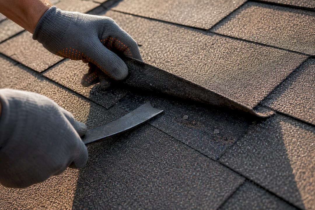 Gloved hands lifting a roof shingle
