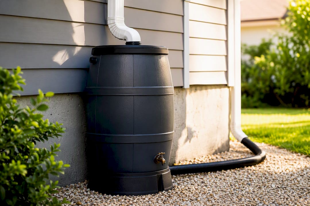 Downspout feeding a rain barrel