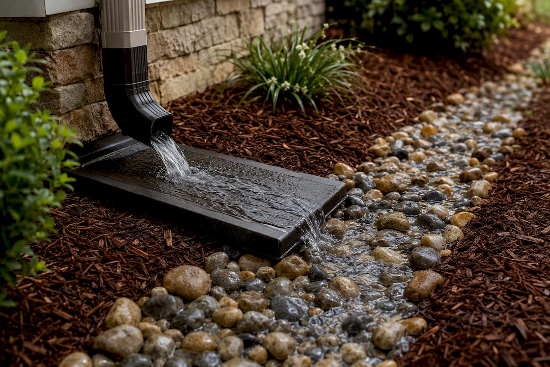 Splash block and river rock drainage path