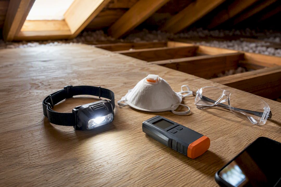 Attic inspection tools on plywood walk board