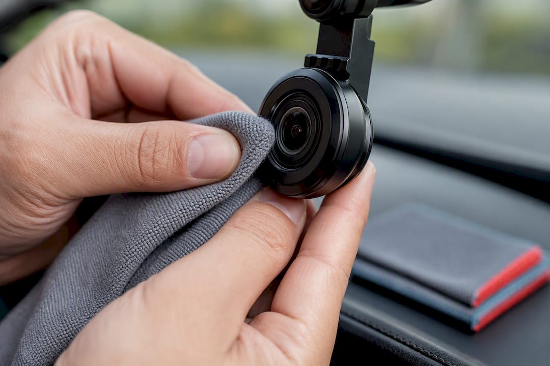 Hands cleaning an anonymous dash cam lens