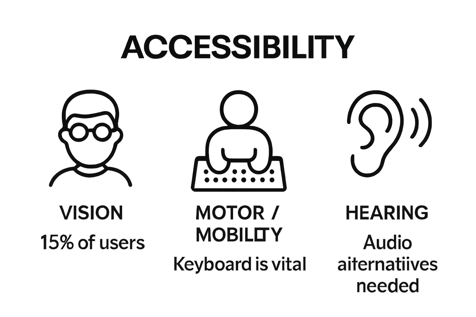 Simple infographic showing diversity of users: vision, mobility, hearing