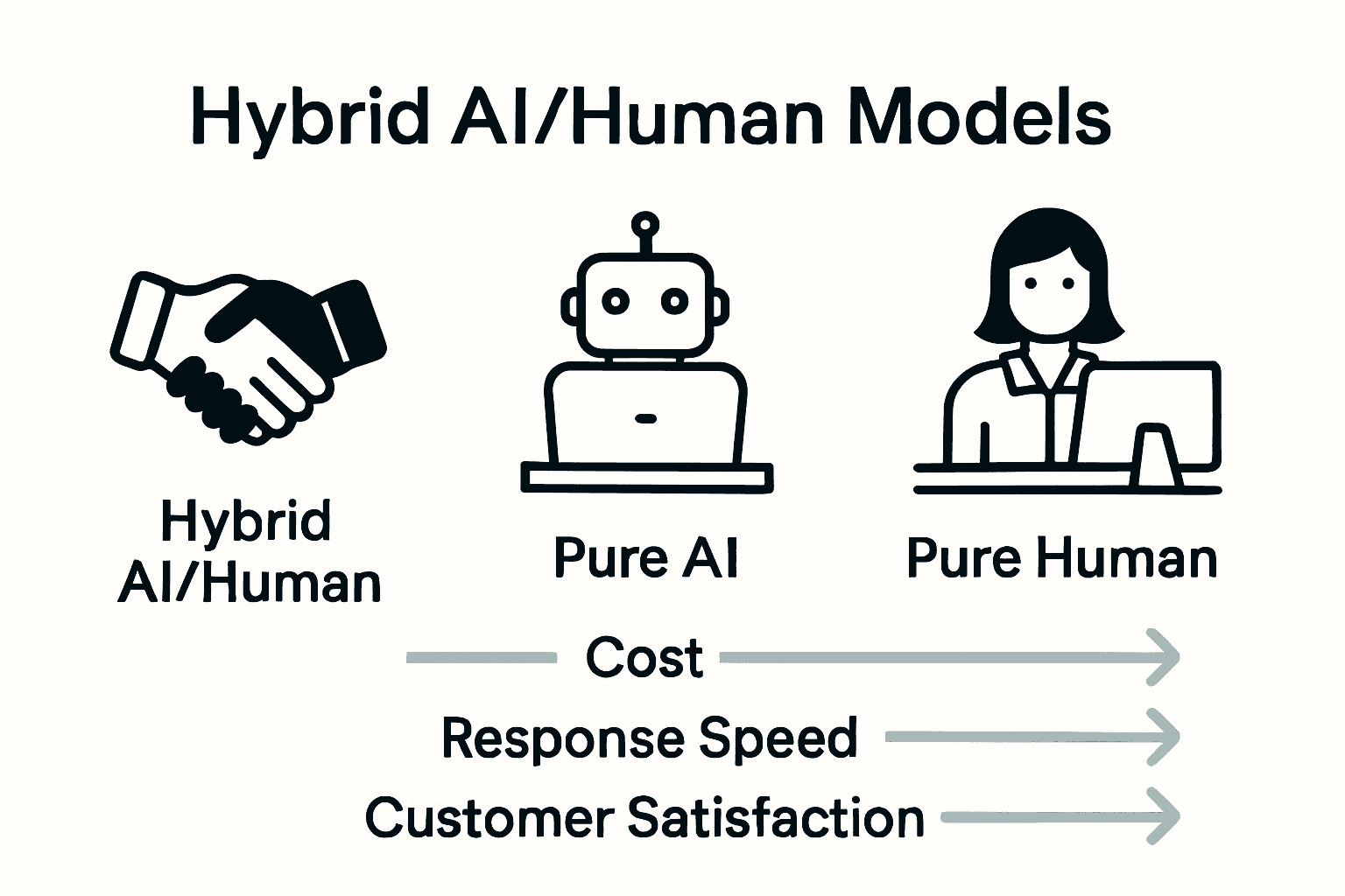 Infographic compares hybrid, AI, and human reception models using icons.