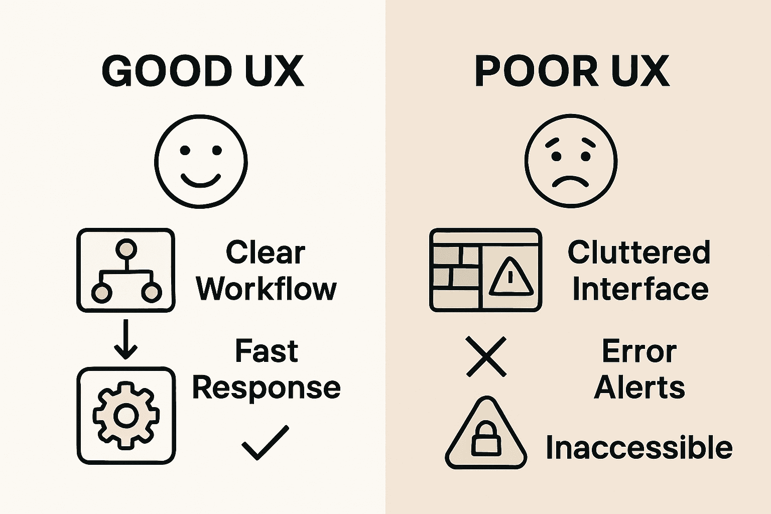 Infographic comparing good UX versus poor UX in business automation systems