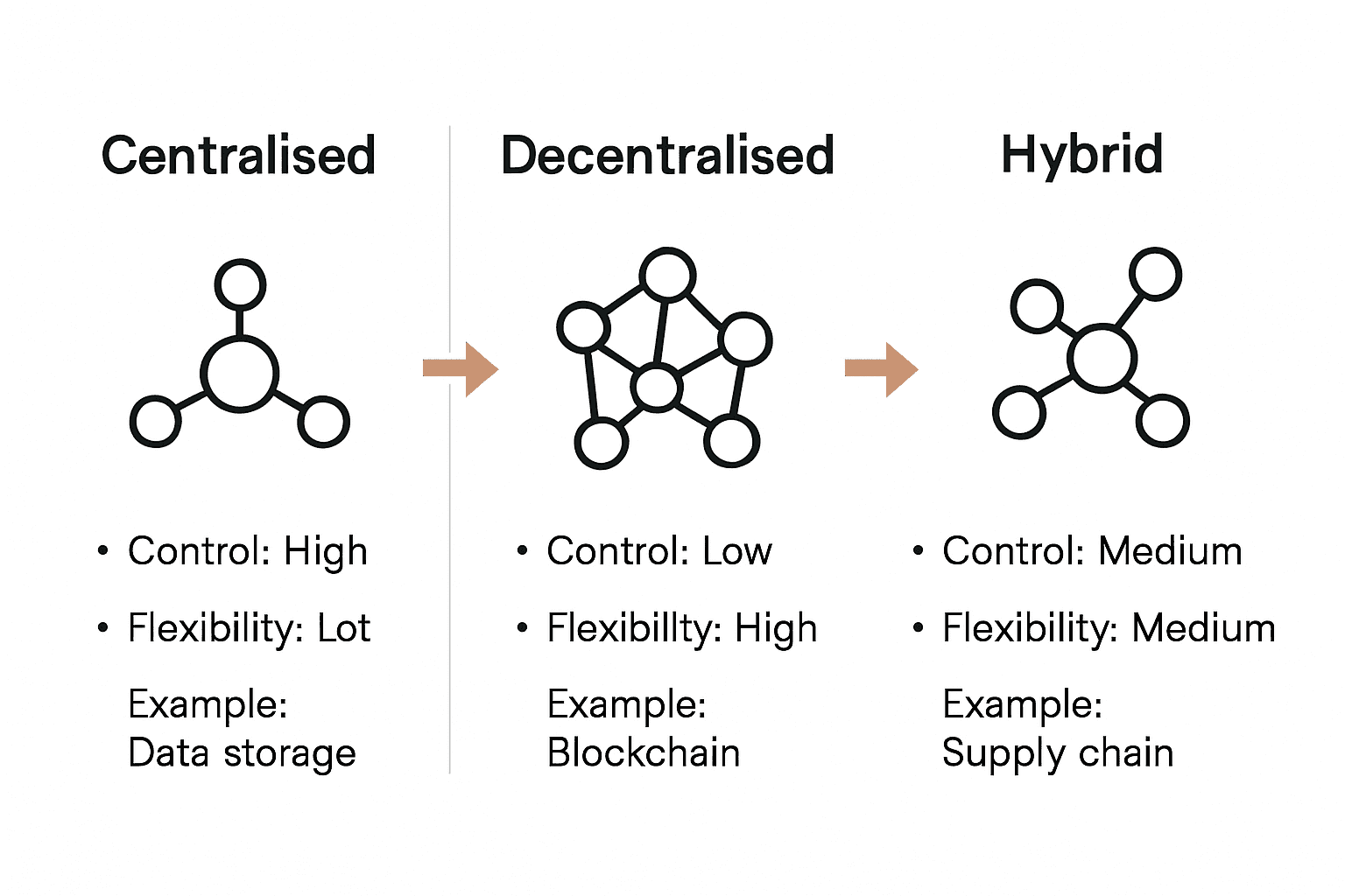 Infographic comparing centralised, decentralised, and hybrid digital governance structures with icons and key points.