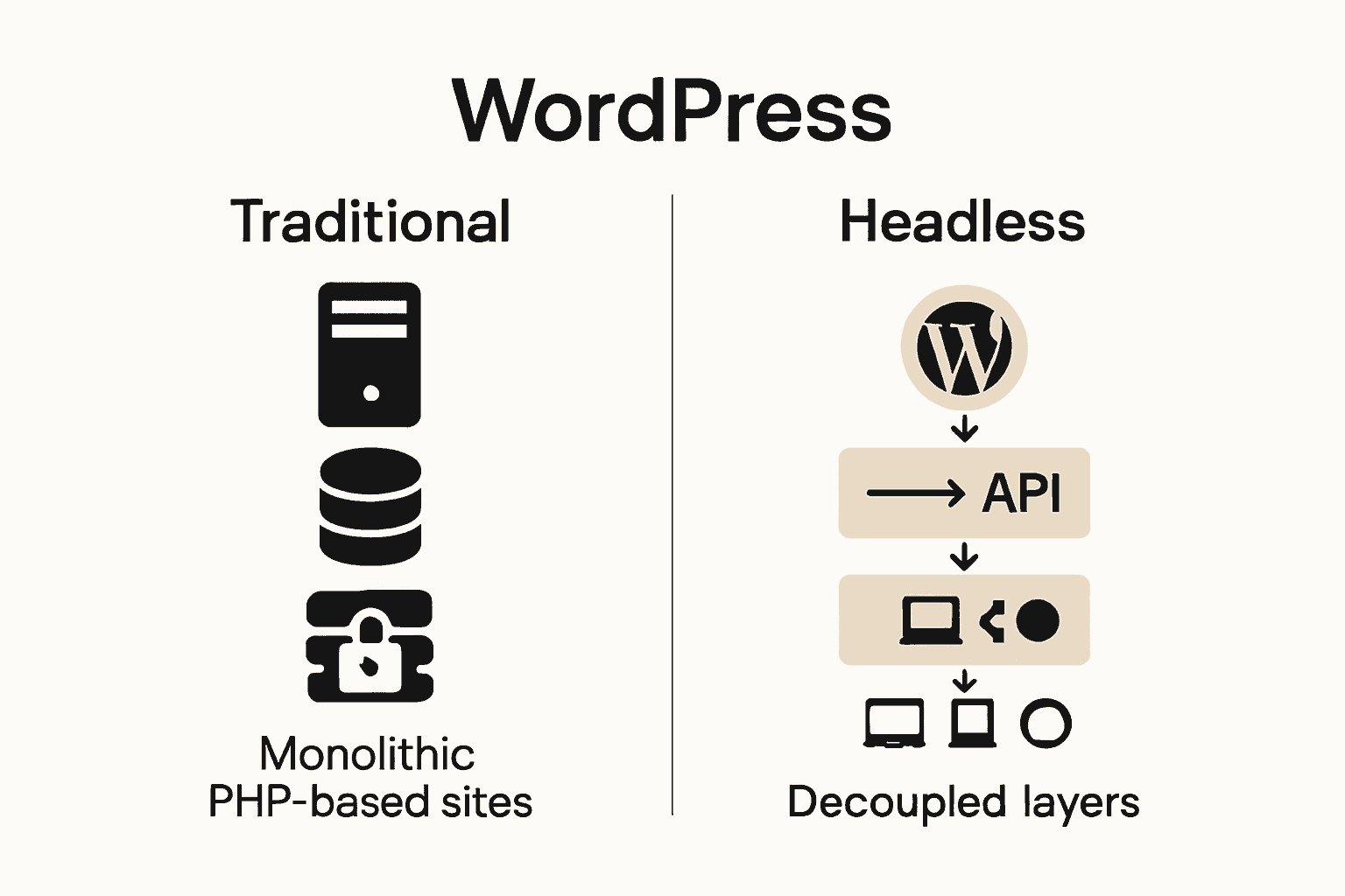 Infographic comparing traditional and headless WordPress architecture with icons and data flow arrows.