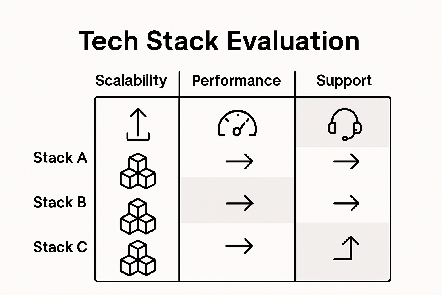 Infographic shows tech stack evaluation criteria