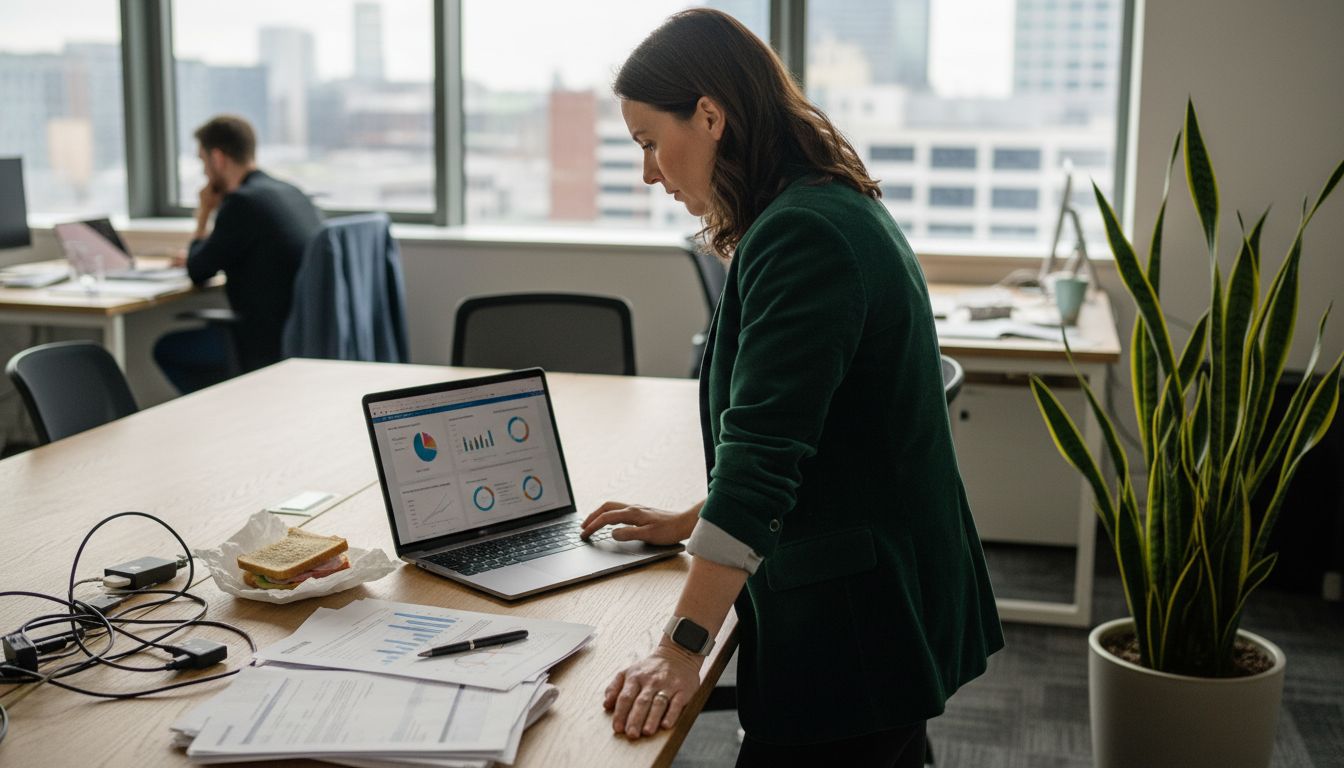 Manager reviews analytics by office window