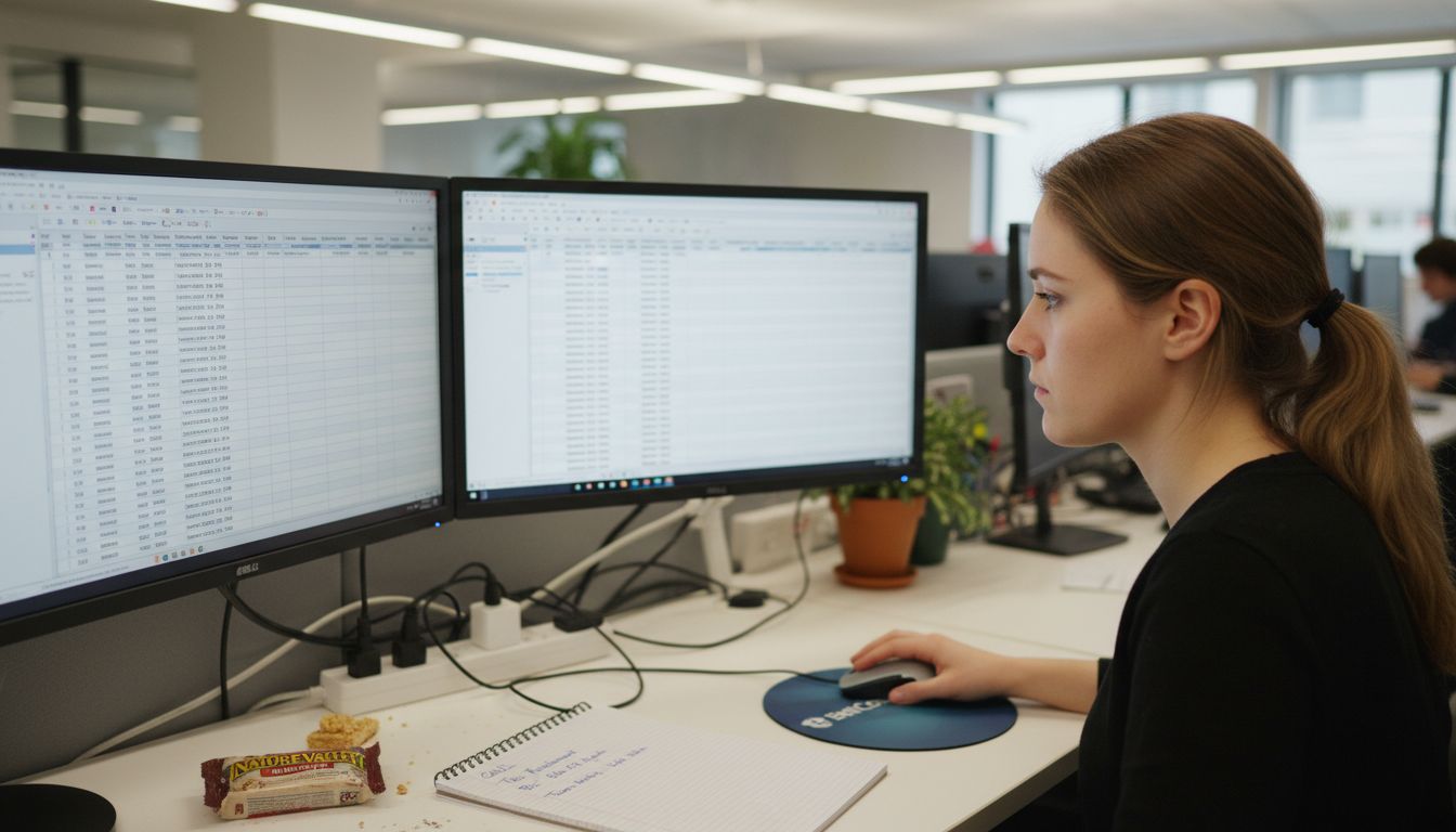 Young woman reviews digital workflow in office
