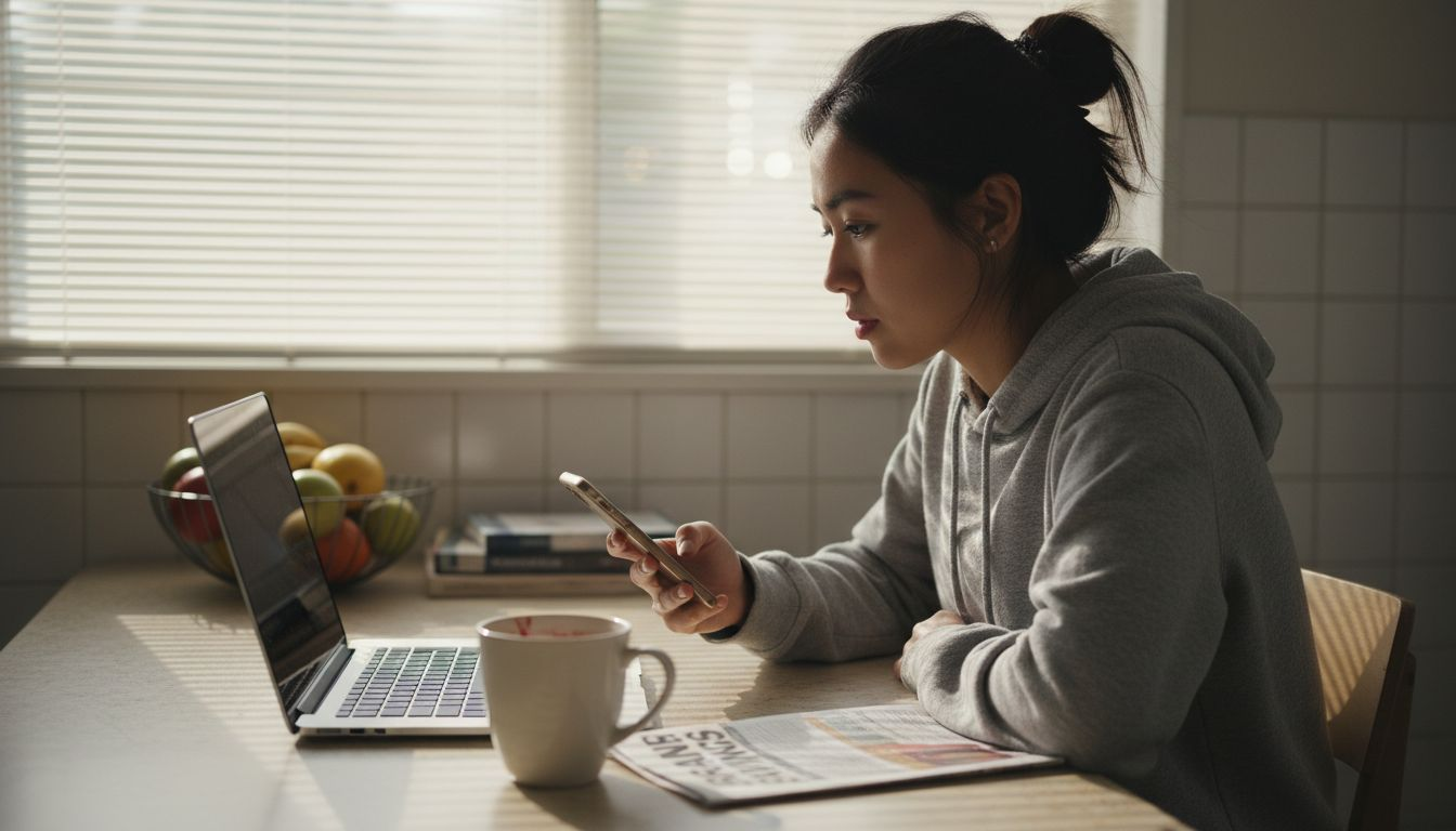 Woman compares brands on phone and laptop
