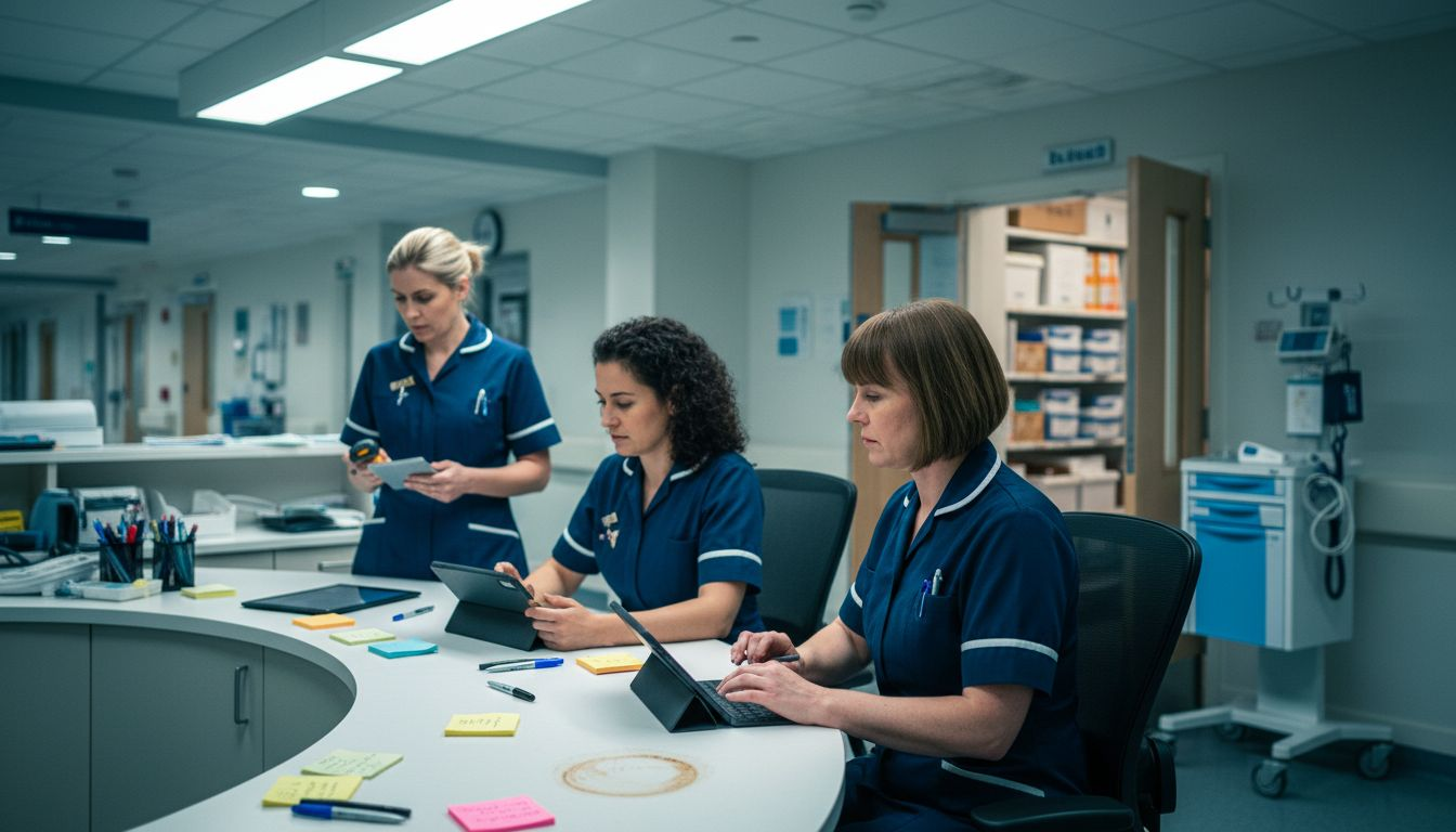 Clinic nurses updating digital patient records