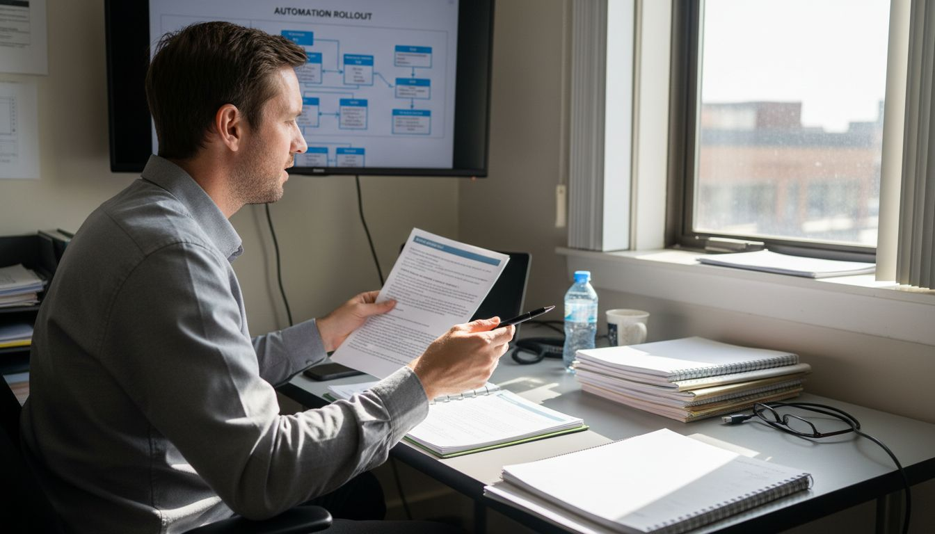 Manager reviewing agency digital workflow chart