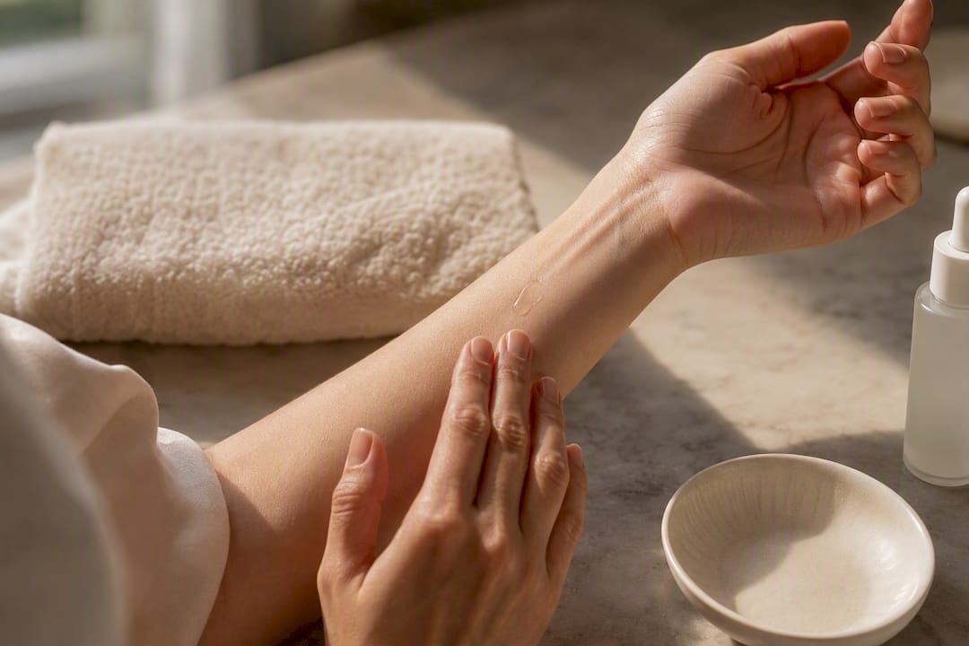 Hands patch testing serum on inner forearm