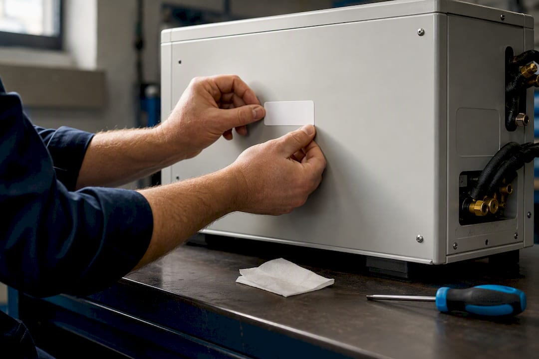Technician applying tag to equipment panel