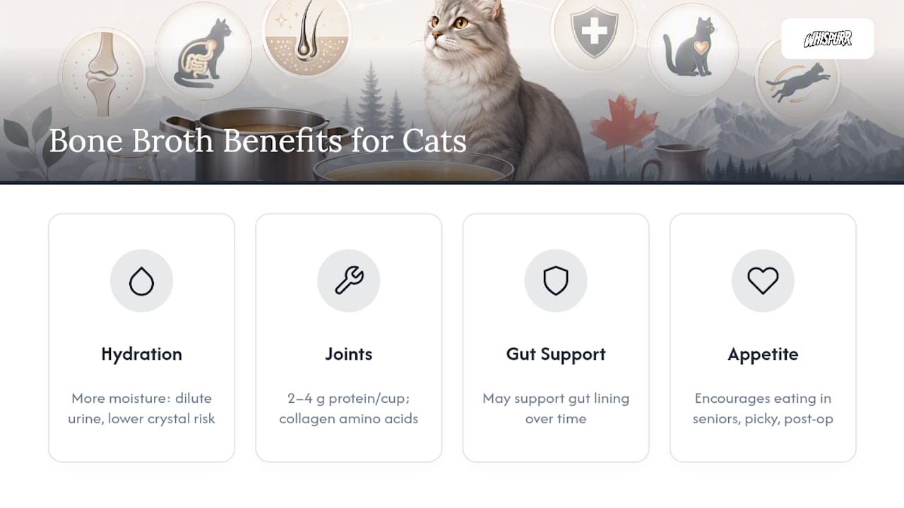 Benefits of Bone Broth for Cats: Hydration, Joints, and Gut Support — overview diagram
