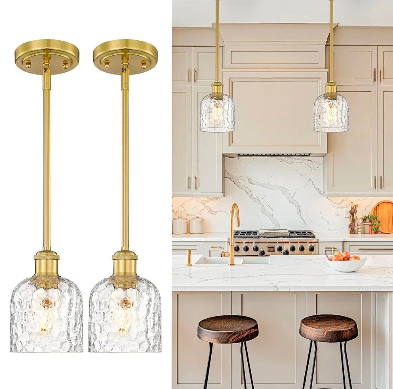 2-Pack Modern Gold Pendant Light Set with Clear Glass, Brushed Gold Finish