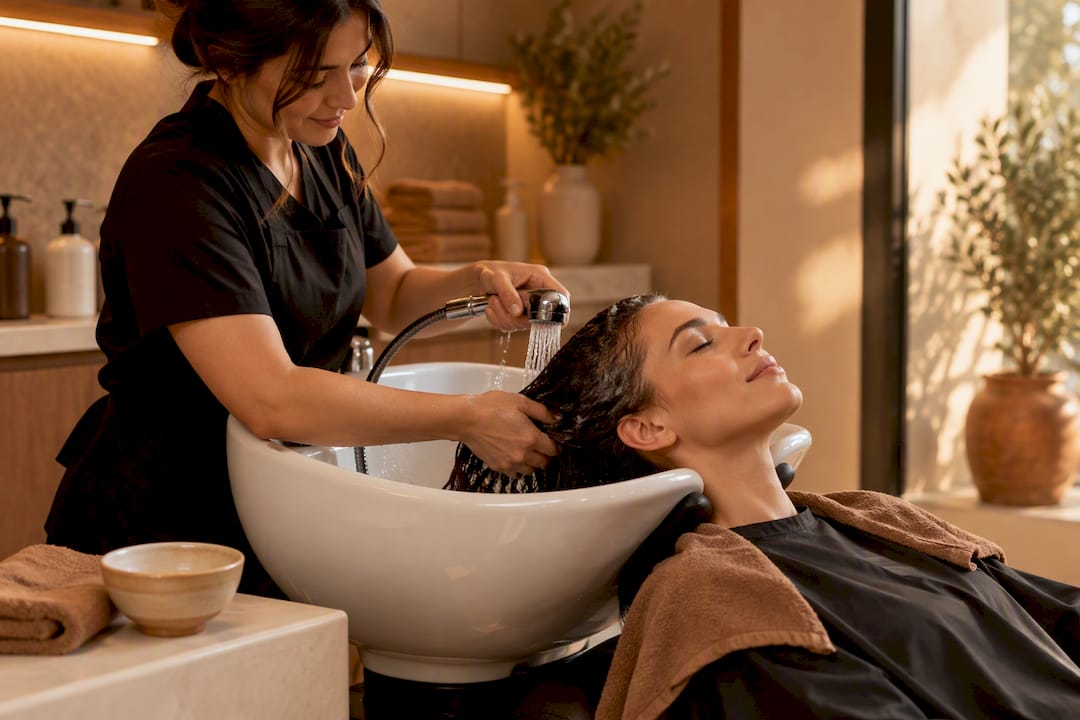 Deep conditioning treatment at salon basin