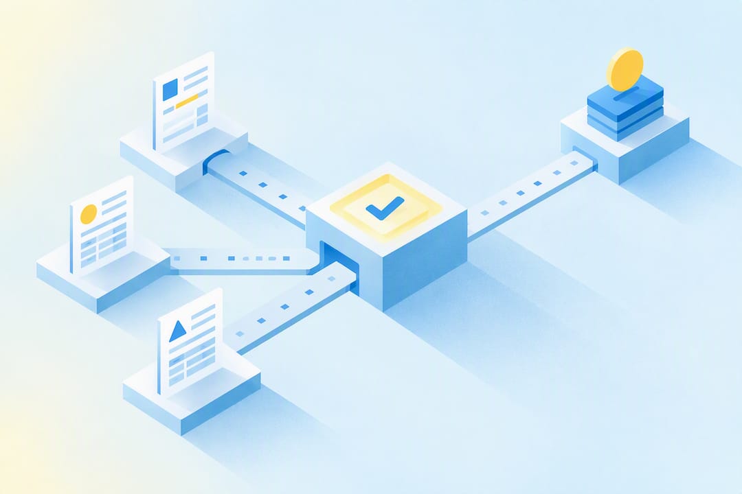 Three geometric planes converging into an automation checkpoint