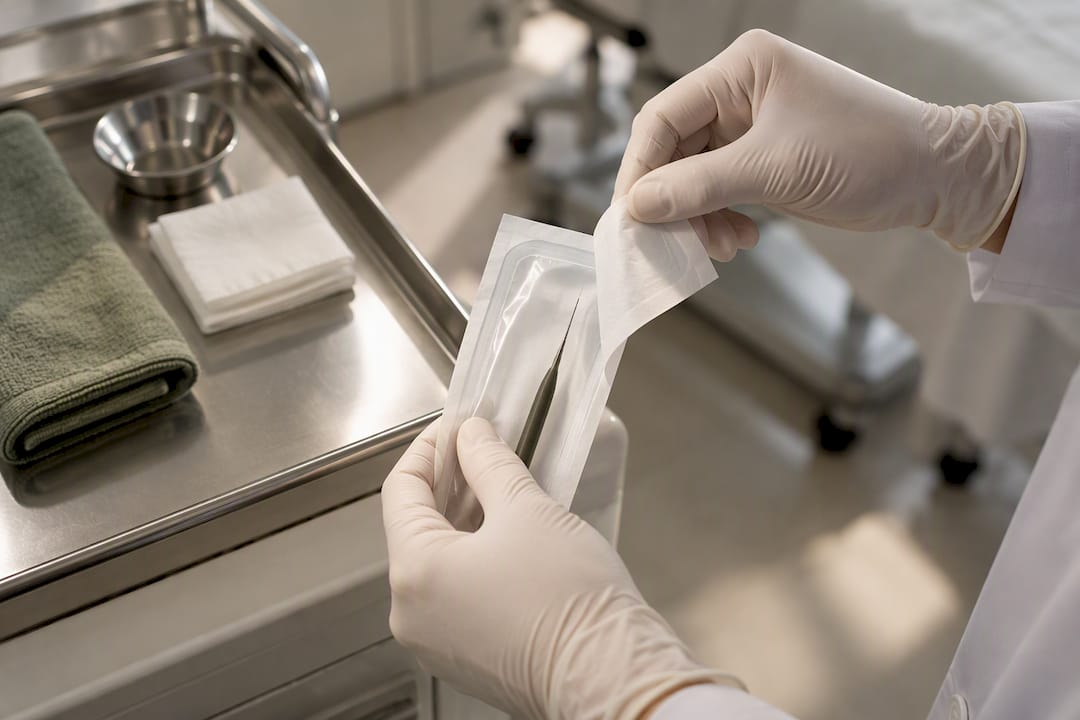 Gloved hands opening a sterile electrolysis probe