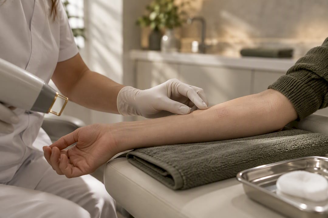 Clinician reviewing a laser test patch