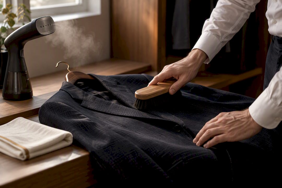 Hands brushing and steaming wool suit