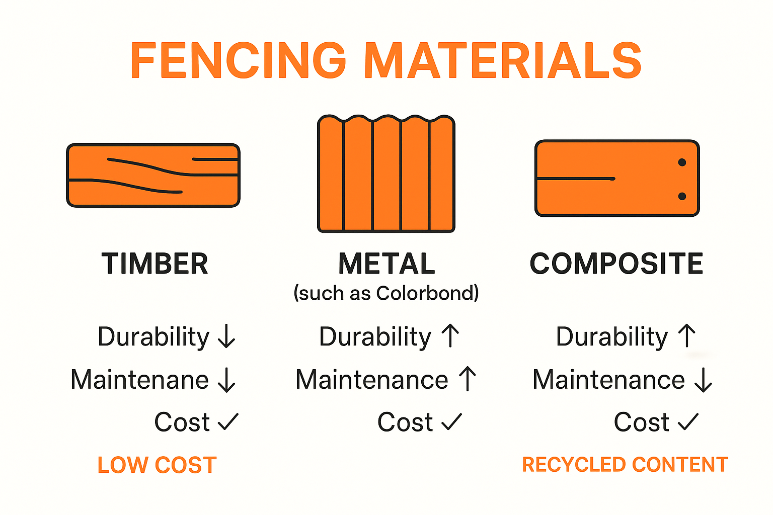 Visual comparison of timber, metal, and composite fencing options
