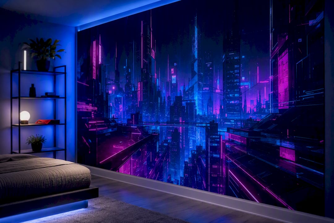 Cool-toned cyberpunk mural accent wall