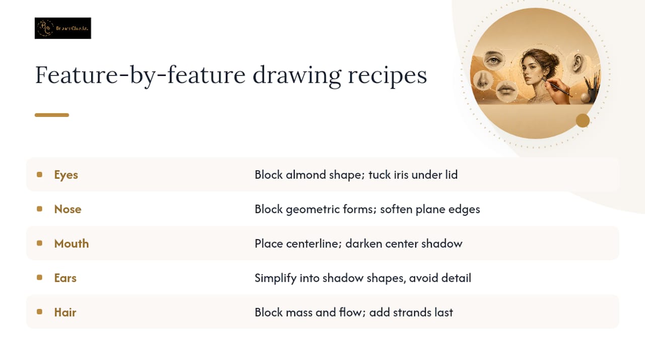 How Do You Draw Realistic Eyes, Nose, Mouth, Ears, and Hair? — overview diagram