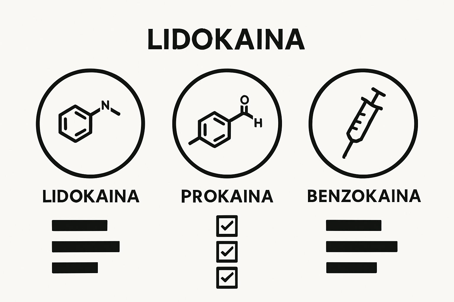 Infographic contrasting lidocaine, prokaina, and benzokaina as active ingredients.